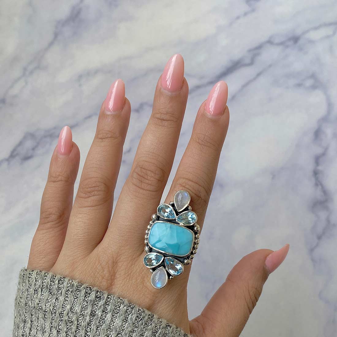 Larimar, Moonstone And Blue Topaz Crawler Statement Adjustable Ring-(LAR-CLS-13.)
